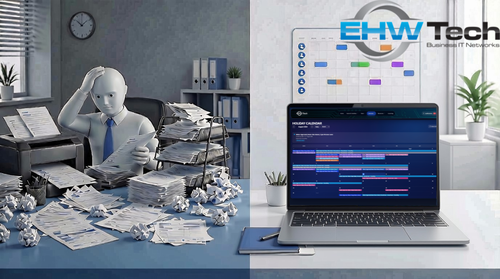 A wide 16:9 digital illustration telling a before-and-after story. On the left, a messy desk with crumpled paper leave forms, a printer, an overflowing paper tray, and a stressed manager searching through paperwork. On the right, the same desk transformed: clean, modern, with a laptop and smartphone showing a bright leave approval dashboard and a colour-coded team calendar. A subtle flowing arrow or light trail connects the two sides. Professional blue, white, and grey colour scheme, friendly corporate style, no text, no words, no letters, no faces, clean negative space.
