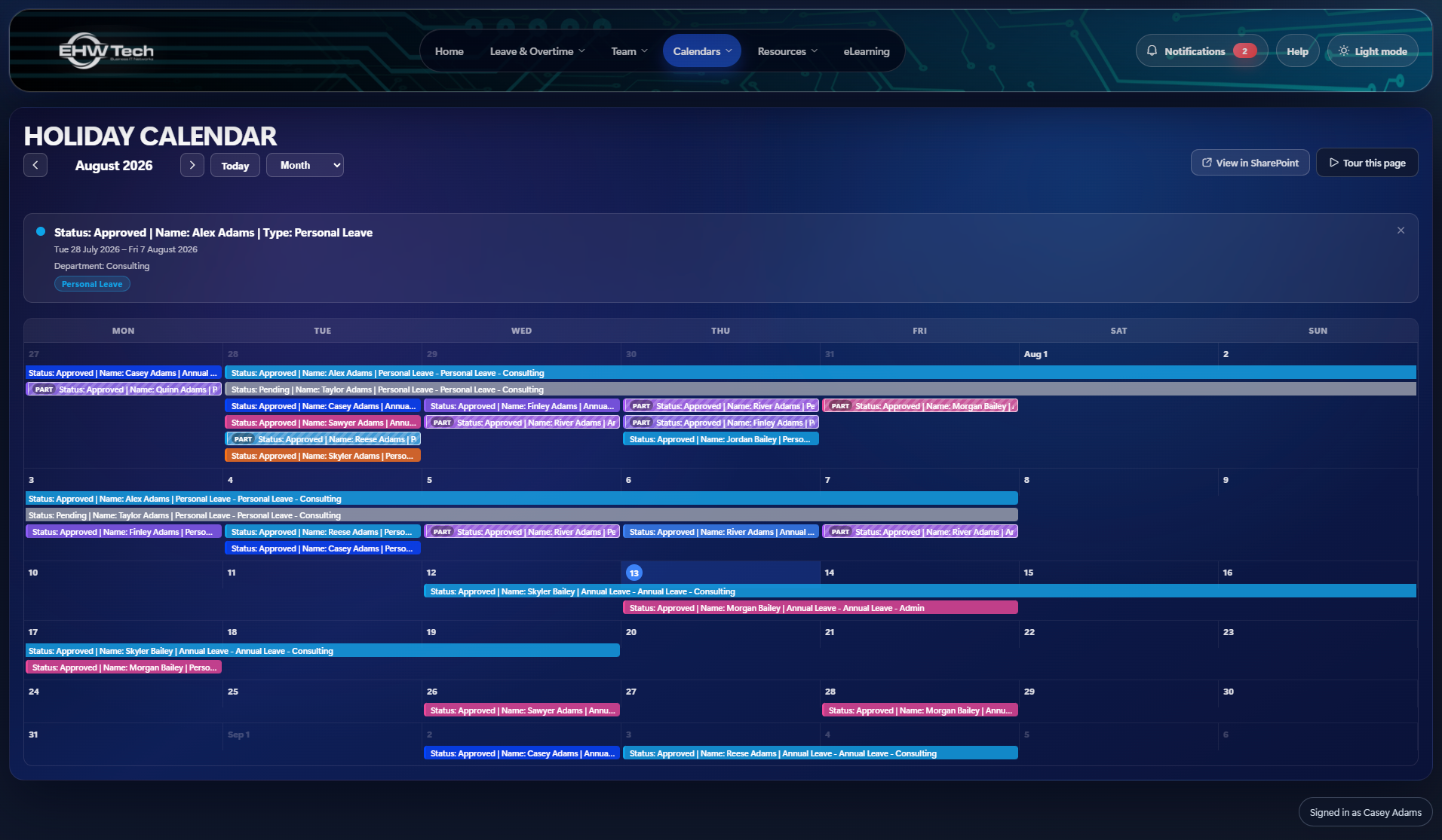 Colour-coded SharePoint leave and overtime calendar showing approved and pending requests in month view